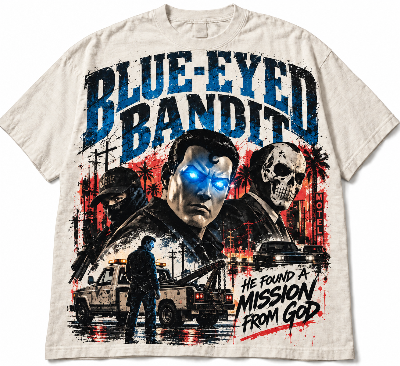 Blue-Eyed Bandit cream graphic T-shirt design with the blue-eyed masked Bandit, skull-mask Manager, masked goon, and tow truck